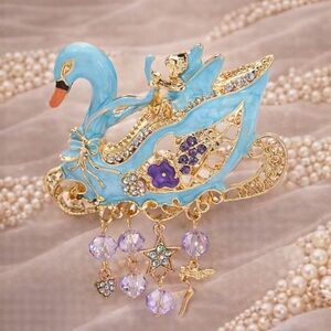 Vintage Blue Swan Gold Enamel Crystals & Charms Brooch